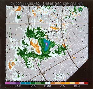 Doppler velocity field of a microburst near Denver, Colorado.