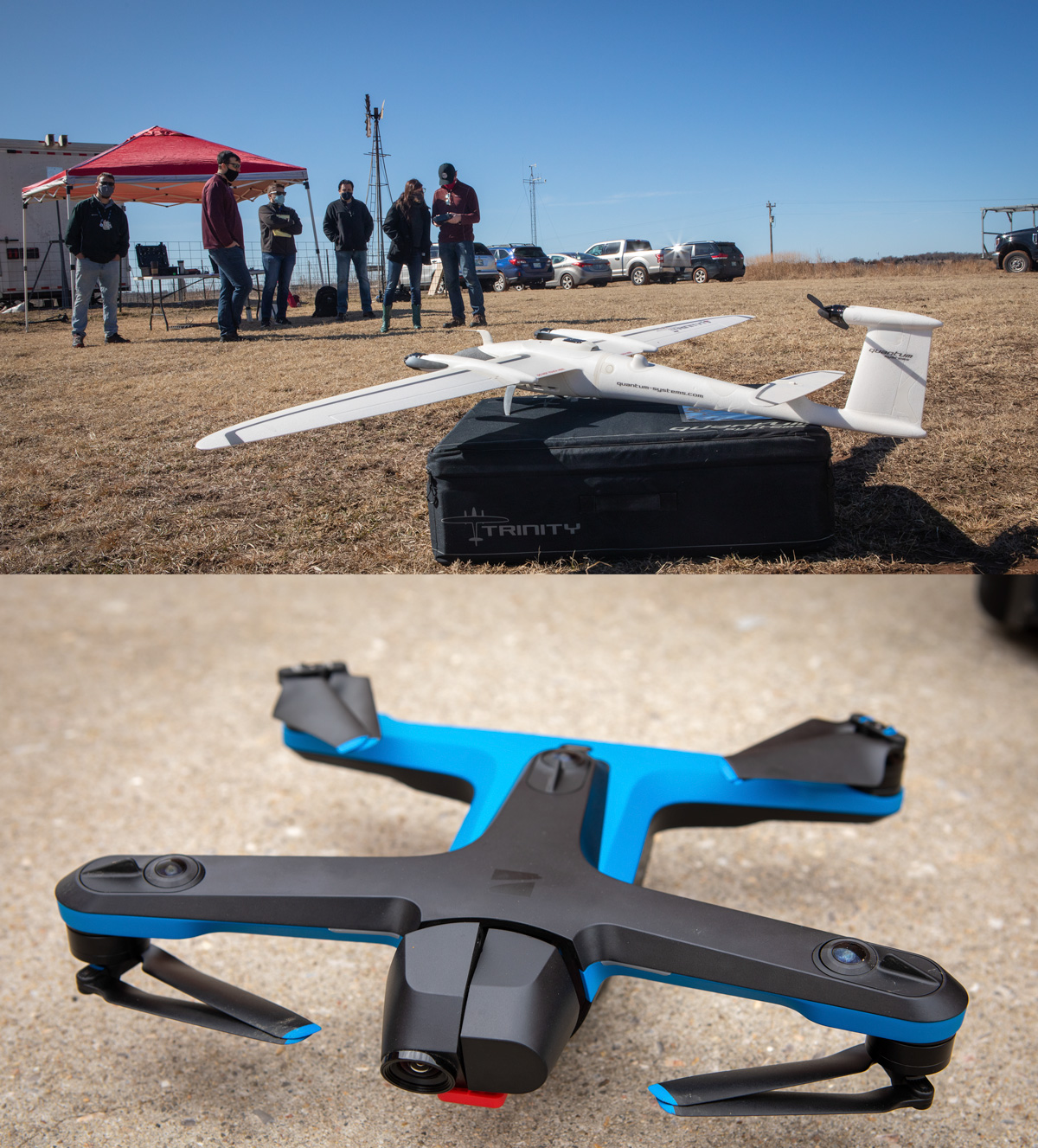 Top image: winged UAV in a field with researchers nearby. Bottom image: quadcopter style UAV on a tabletop